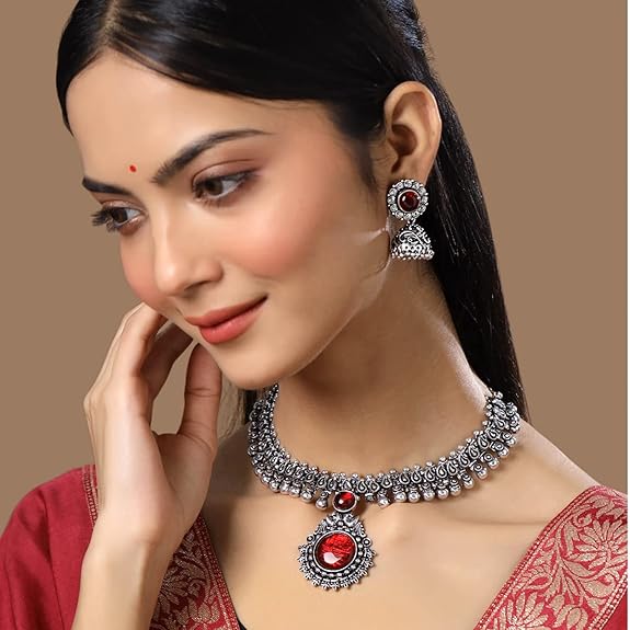LukGud Kolhapuri Stone Choker Necklace Set with Jhumka Earrings for Women and Girls