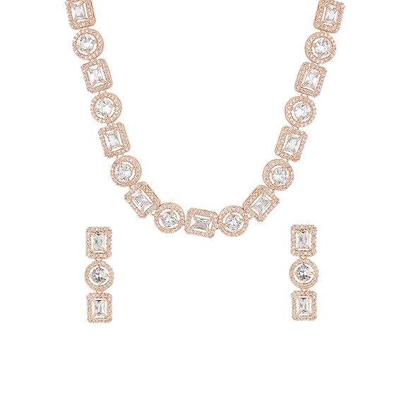 LukGud American Diamond Rhodium Rose Gold Plated AD Necklace Jewellery Set for Women