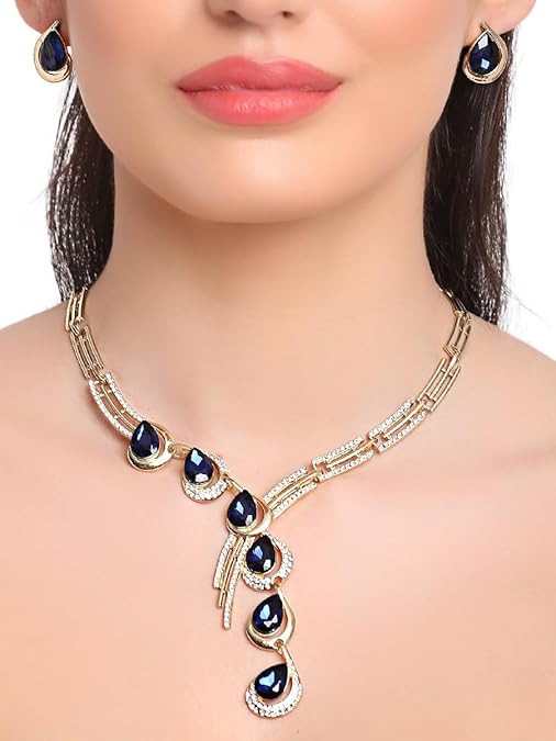 LukGud Stylish Fancy Gold Plated Crystal Earrings Necklace Jewellery Set for Women