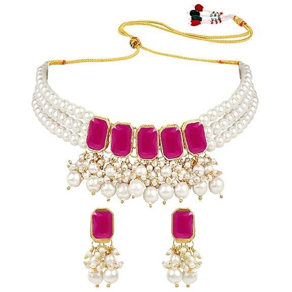 LukGud White Pearl Choker Necklace Jewellery Set with Earrings for Women And Girls