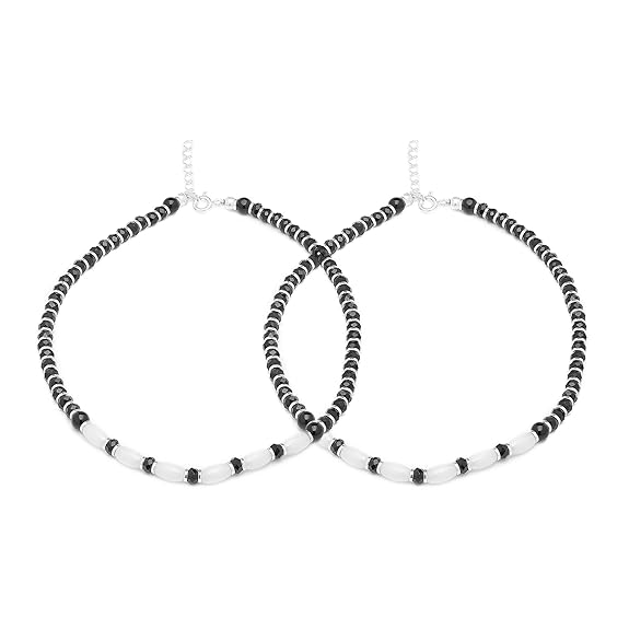 LukGud Silver Designer Black Rhodium Plated Adjustable Beaded Anklet (Pair) | Gift for Women & Girls |