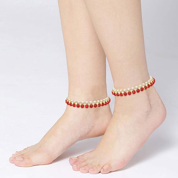 LukGud Gold Plated Kundan Pearl Payal Anklets Jewellery for Women & Girls