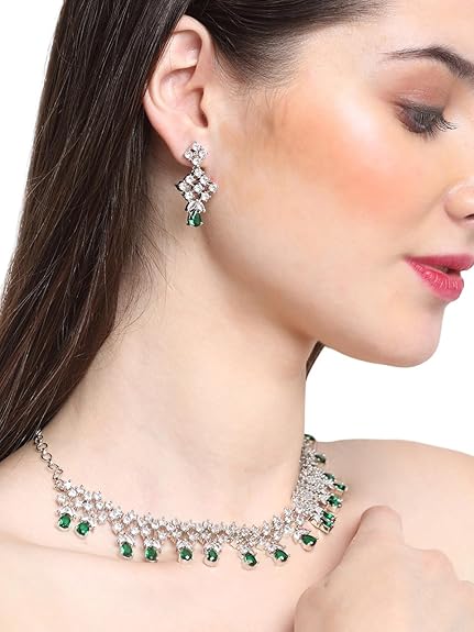 LukGud Rosegold Rhodium Plated AD Necklace Set for Women | Birthday Gift for Girls & Women