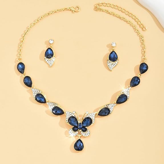 LukGud Latest Stylish Design Fancy Wedding Party Crystal Necklace Jewellery Set for Women