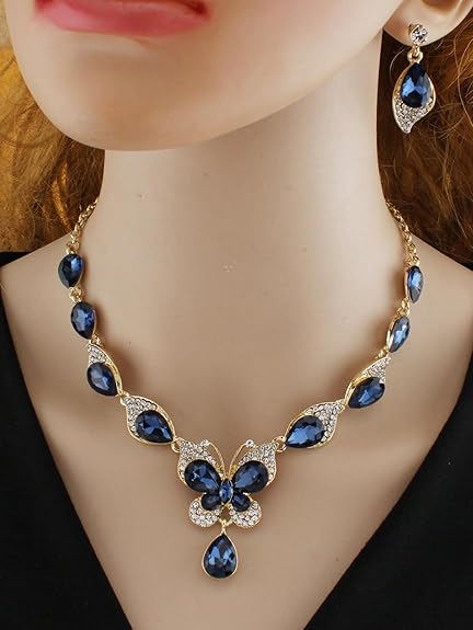 LukGud Latest Stylish Design Fancy Wedding Party Crystal Necklace Jewellery Set for Women