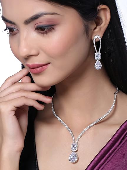 LukGud Rosegold Rhodium Plated AD Necklace Set for Women | Birthday Gift for Girls & Women