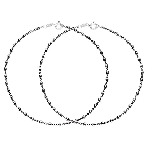 LukGud Silver Beaded Black Rhodium Plated Chain Anklet (Pair) | Gift for Women & Girls