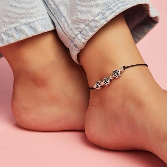 LukGud Silver Rhodium Plated Adjustable Anklet (Single) | Valentine Gift for Women & Girls