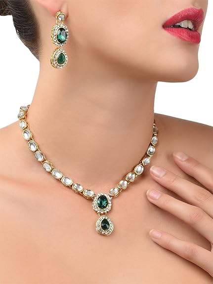 LuKGud Gold Tone Kundan & Green Stones Wedding Collection Necklace & Earring Set For Women