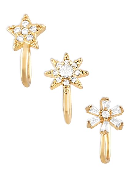 LukGud Set of 3 Gold Tone Cubic Zirconia Contemporary Brass Clip On Nose Pins For Women