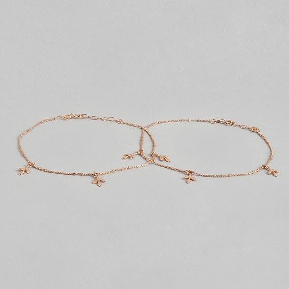 LukGud Silver Modest Leaf Rose Gold Plating Chain Anklet (Pair) | | Gift for Women & Girls