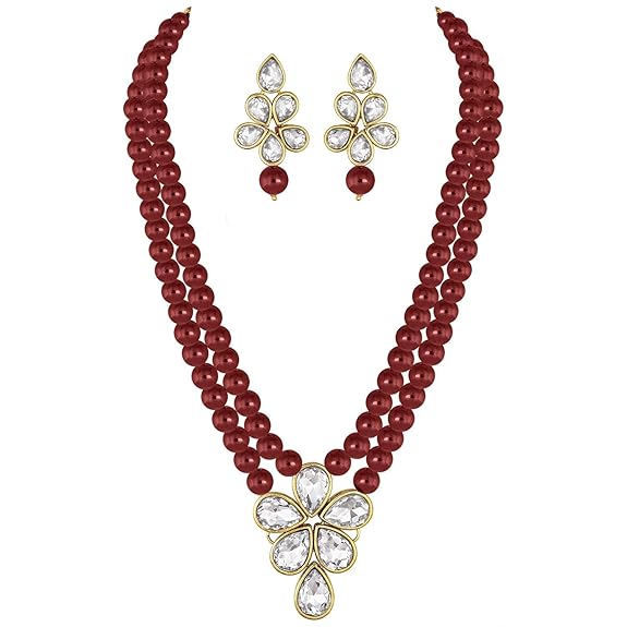 LukGud 18k Gold Plated Traditional Kundan & Pearl Studded Necklace Jewellery Set For Women