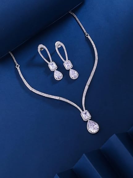 LukGud Rosegold Rhodium Plated AD Necklace Set for Women | Birthday Gift for Girls & Women