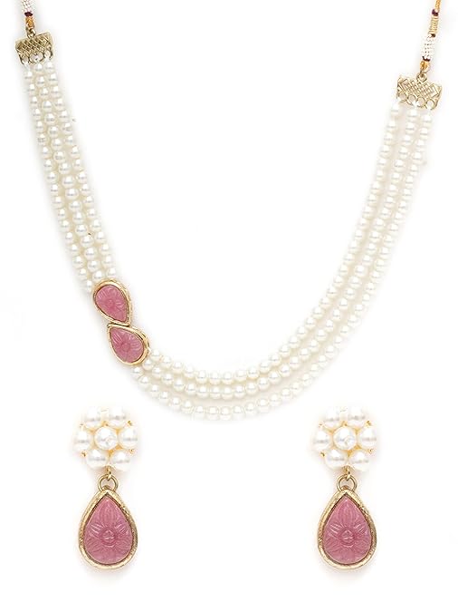 LukGud Pink Stone Studded Pearl Kundan Necklace Set for Women
