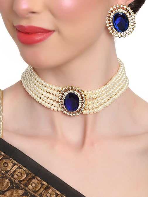 LukGud 18k Gold Plated Latest Stylish Fancy Choker Traditional Pearl Necklace Jewellery Set for Women