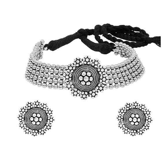 LukGud Classic German Silver Oxidised Jewellery Set Traditional Choker Necklace Set for Women and Girls