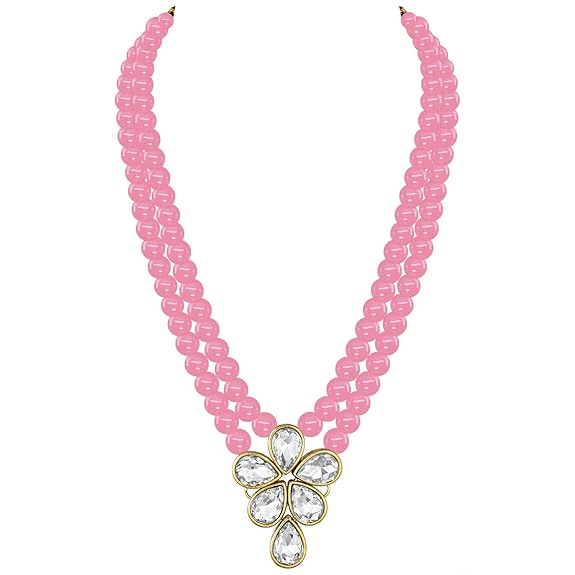 LukGud 18k Gold Plated Traditional Kundan & Pearl Studded Necklace Jewellery Set For Women