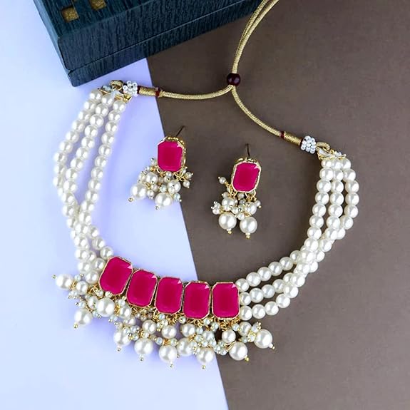 LukGud White Pearl Choker Necklace Jewellery Set with Earrings for Women And Girls