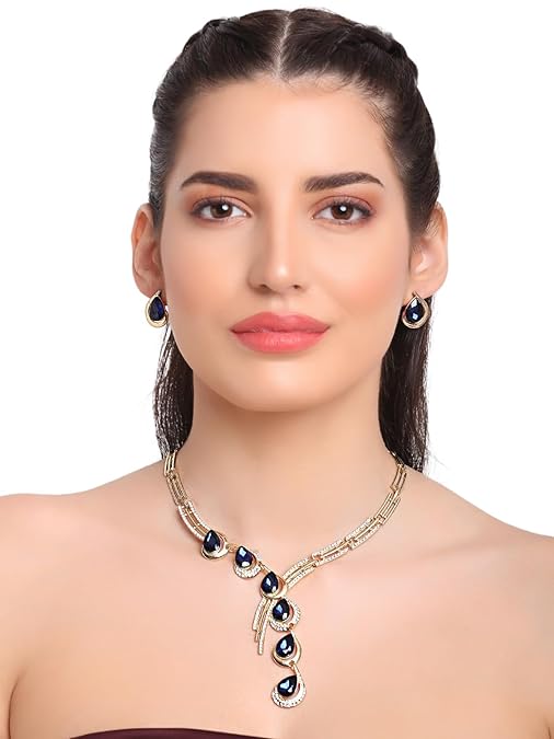 LukGud Stylish Fancy Gold Plated Crystal Earrings Necklace Jewellery Set for Women