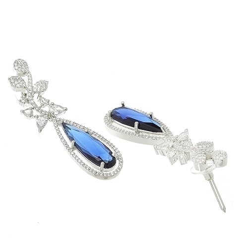 LukGud Rhodium-Plated American Diamond Studded Teardrop & Leaf Shaped Drop Earrings For Girls and Women