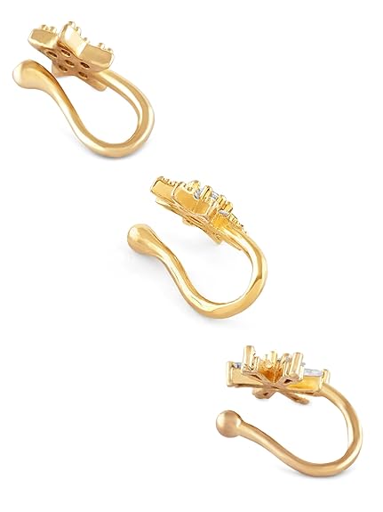 LukGud Set of 3 Gold Tone Cubic Zirconia Contemporary Brass Clip On Nose Pins For Women