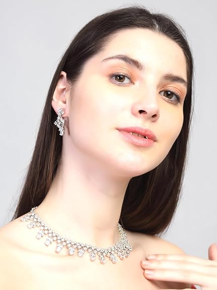 LukGud Rosegold Rhodium Plated AD Necklace Set for Women | Birthday Gift for Girls & Women