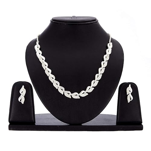 LukGud American Diamond Studded Intrcately Designed Leaf Shaped Necklace With Earring Jewellery Set For Women and Girl