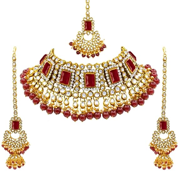 LukGud Rani Padmavati Dulhan Bridal Kundan Pearl Adjustable Choker Necklace with Earrings Maang Tikka for Women Girls Indian Traditional Jewellery Set