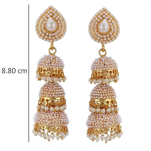 LukGud Earring Gold Plated Pearl Engraved 3 Tier Shoulder Duster Dangle Earrings Jewellery For Girl And Women