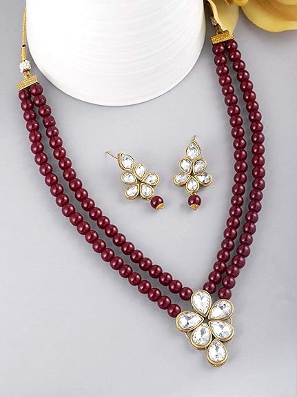 LukGud 18k Gold Plated Traditional Kundan & Pearl Studded Necklace Jewellery Set For Women