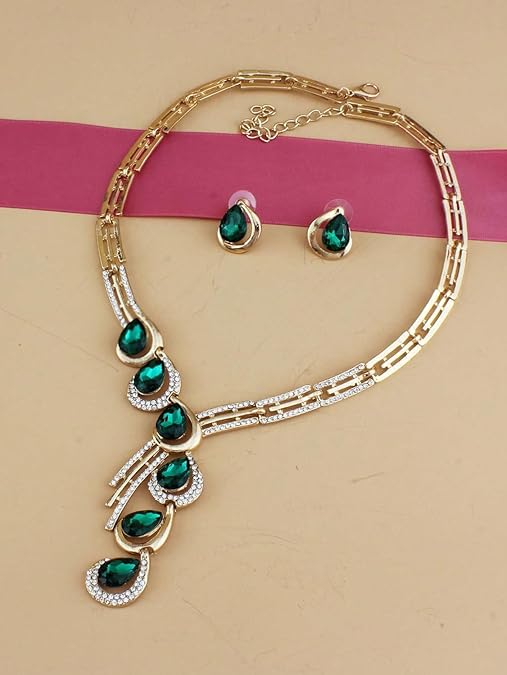 LukGud Stylish Fancy Gold Plated Crystal Earrings Necklace Jewellery Set for Women