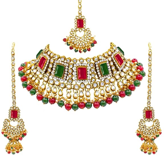 LukGud Rani Padmavati Dulhan Bridal Kundan Pearl Adjustable Choker Necklace with Earrings Maang Tikka for Women Girls Indian Traditional Jewellery Set