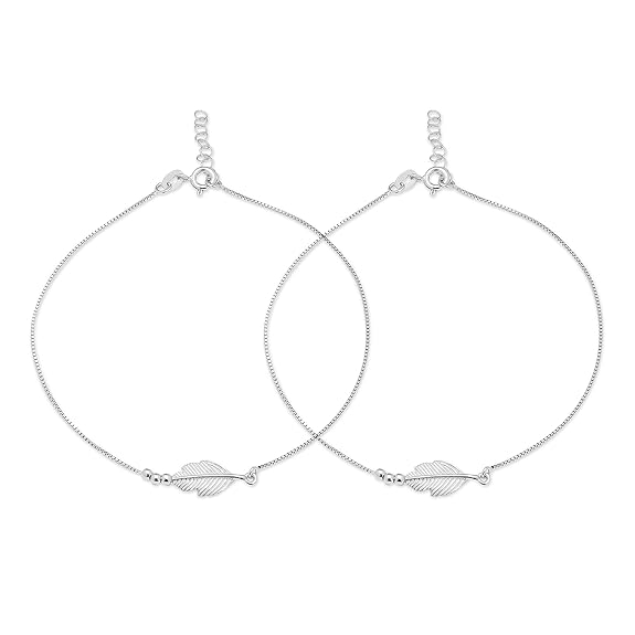 LukGud 925 Sterling Silver Designer Leaf Rhodium Plated Adjustable Chain Anklet (Pair) | Gift for Women & Girls