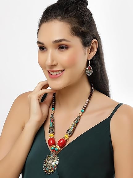 LukGud Latest Stylish Traditional Tibetan Pendant Necklace Jewellery Set for Women