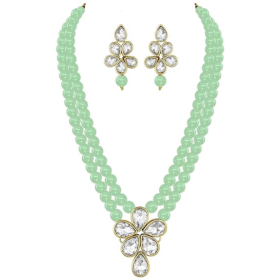 LukGud 18k Gold Plated Traditional Kundan & Pearl Studded Necklace Jewellery Set For Women