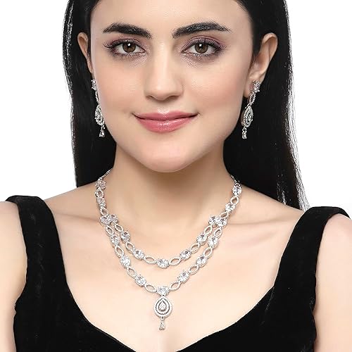 LukGud American Diamond Studded Abstract Necklace With Earrings Jewellery Set For Girls and Women