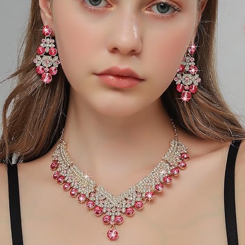 LukGud Stylish Design Fancy Wedding Party Crystal Diamonds Necklace Jewellery Set for Women
