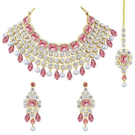 LukGud Crystal Choker Necklace with Maang Tikka Earrings Indian Traditional Bridal Wedding Jewellery Set for Women