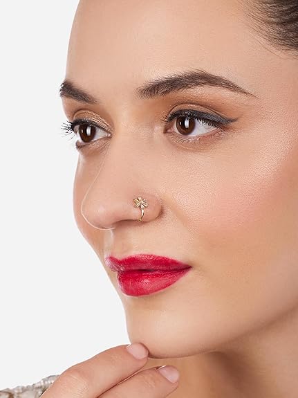 LukGud Set of 3 Gold Tone Cubic Zirconia Contemporary Brass Clip On Nose Pins For Women