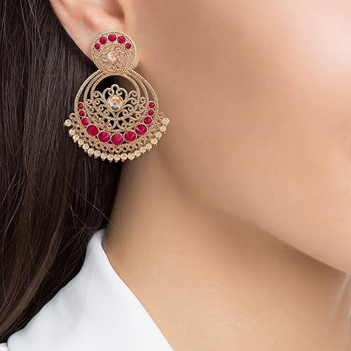 LukGud Earring Oxidised Gold Tone Attractive Crystal & Pearl Chandbali Designer Earring Jewellery For Women & Girls