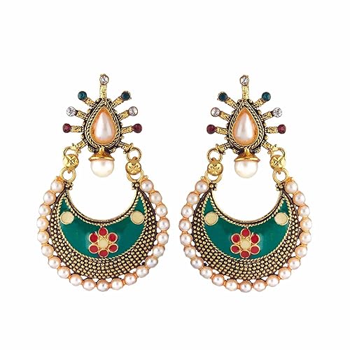 LukGud Earring Meenakari Traditional Green Chandbali Pearl Trendy Earring Jewellery For Girl And Women