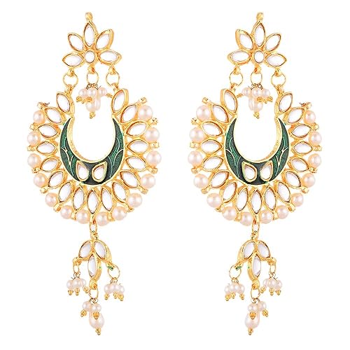 LukGud Earring Gold Plated Brass Kundan Pearl Studded Designer Green Chandbali Jhumka Earring Jewellery For Girl And Women