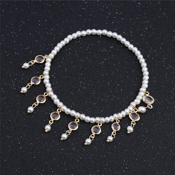 LukGud Latest Fashion Crystal Tassels Peal String 2 PC Stretchable Anklet for Women and Girls