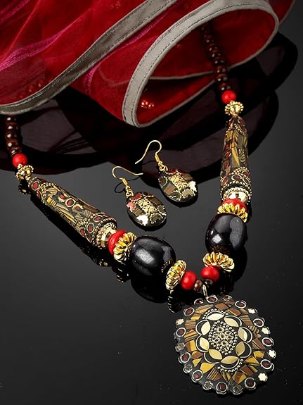 LukGud Latest Stylish Traditional Tibetan Pendant Necklace Jewellery Set for Women