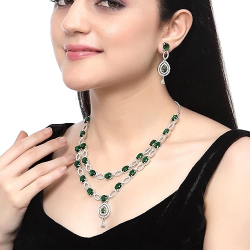 LukGud American Diamond Studded Abstract Necklace With Earrings Jewellery Set For Girls and Women