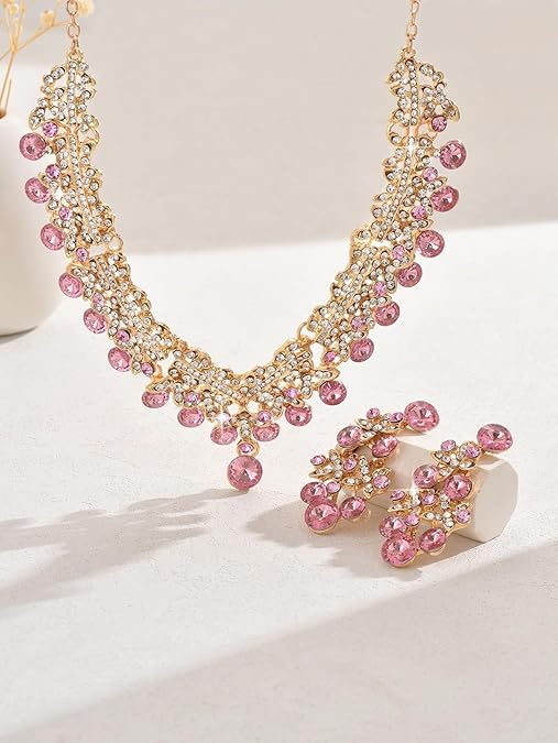LukGud Stylish Design Fancy Wedding Party Crystal Diamonds Necklace Jewellery Set for Women