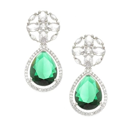 LukGud Rhodium-Plated American Diamond Studded Teardrop & Floral Shaped Drop Earrings For Girls and Women