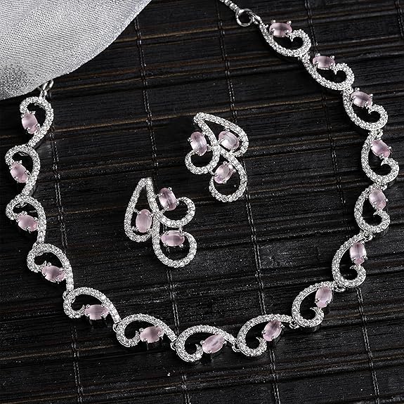 LukGud American Diamond studded Necklace and Drop Earrings Jewellery Set for women
