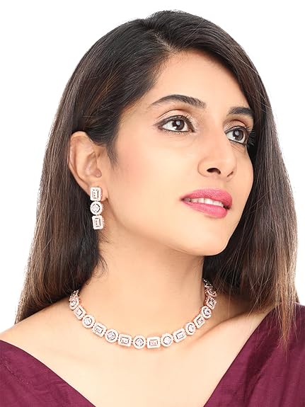 LukGud American Diamond Rhodium Rose Gold Plated AD Necklace Jewellery Set for Women