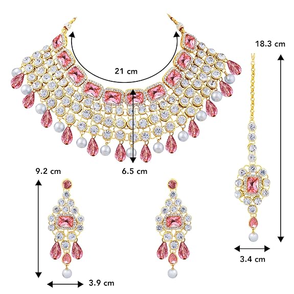 LukGud Crystal Choker Necklace with Maang Tikka Earrings Indian Traditional Bridal Wedding Jewellery Set for Women